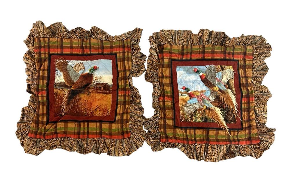 Pheasant Pillow Shams Set of 2 Rustic Lodge Hunting Cabin Ruffled 14x14